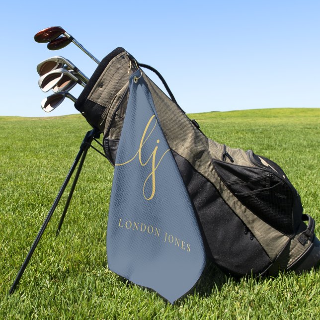 Navy Blue Gold Modern Script Monogram Name Elegant Golf Towel (Creator Uploaded)