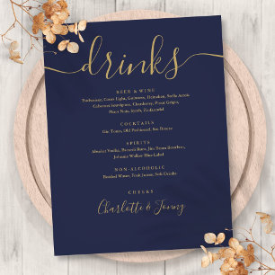 Navy Blue Gold Modern Script Wedding Drinks Menu