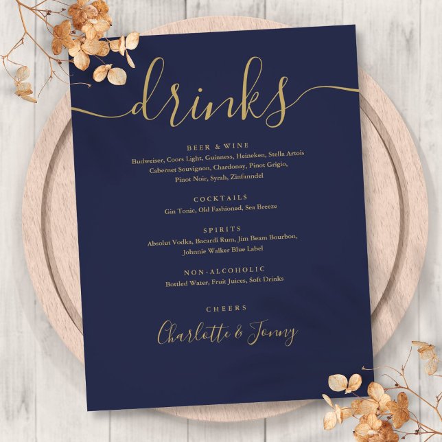 Navy Blue Gold Modern Script Wedding Drinks Menu (Navy Blue Gold Modern Script Wedding Drinks Menu Flyer)