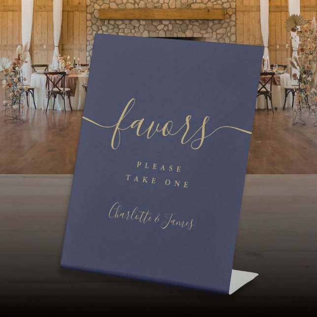 Navy Blue Gold Modern Script Wedding Favours Table Pedestal Sign (Navy Blue Gold Modern Script Wedding Favors Table Pedestal Sign)