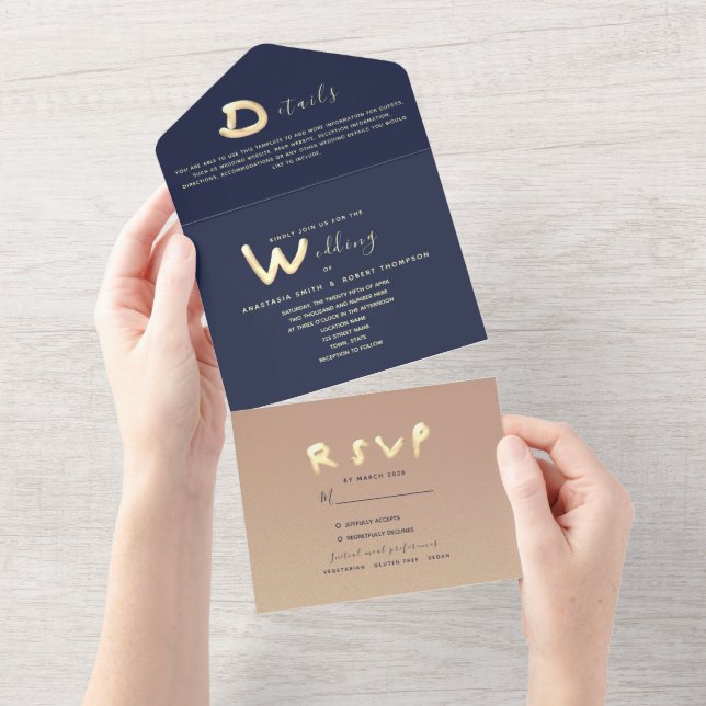 Navy Blue Gold Modern Typography Photo Wedding  All In One Invitation (Tearaway)