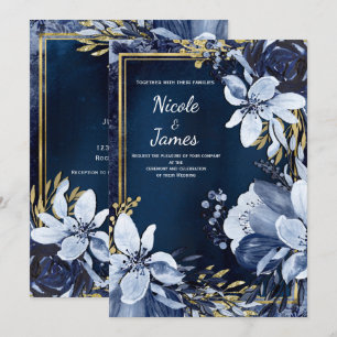 Navy Blue & Gold Modern Watercolor Floral Wedding Invitation