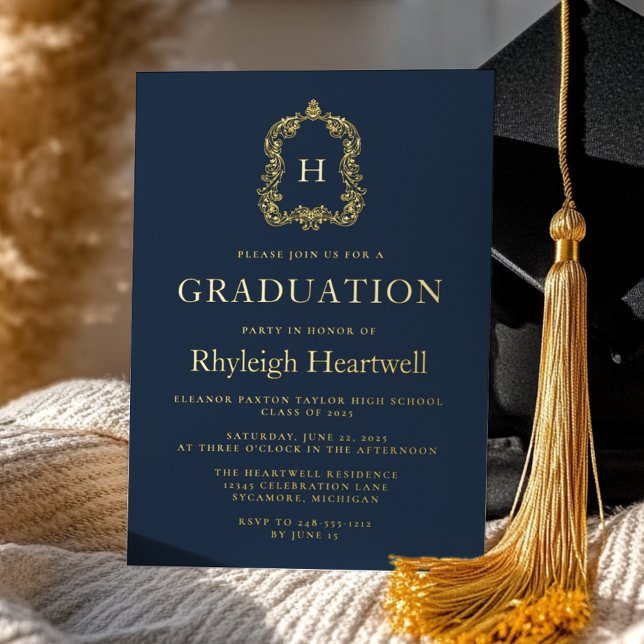 Navy Blue Gold Monogram Crest Graduation Party (Creator Uploaded)