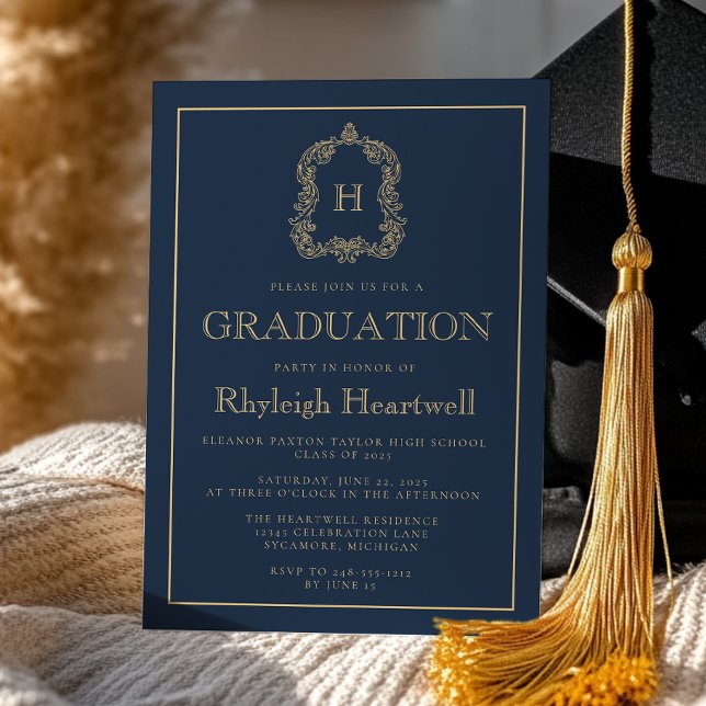 Navy Blue Gold Monogram Crest Graduation Party Invitation (Creator Uploaded)