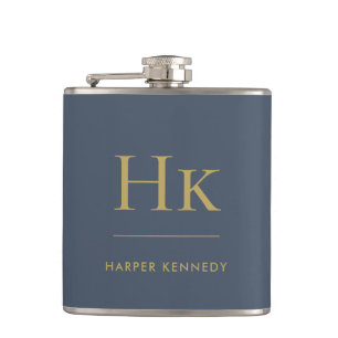 Navy Blue Gold Monogram Elegant Personalised Hip Flask