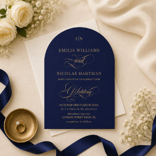 Navy Blue Gold Monogram Elegant Wedding Invitation