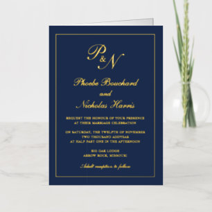 Navy Blue Gold Monogram Formal Wedding Invitation