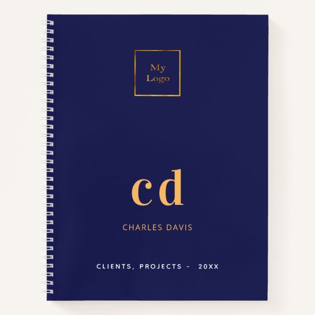 Navy blue gold monogram initials business logo notebook (Front)