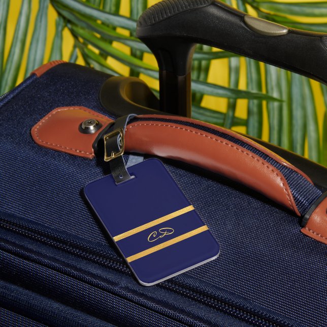 Navy blue gold monogram initials luggage tag (Front Insitu 1)