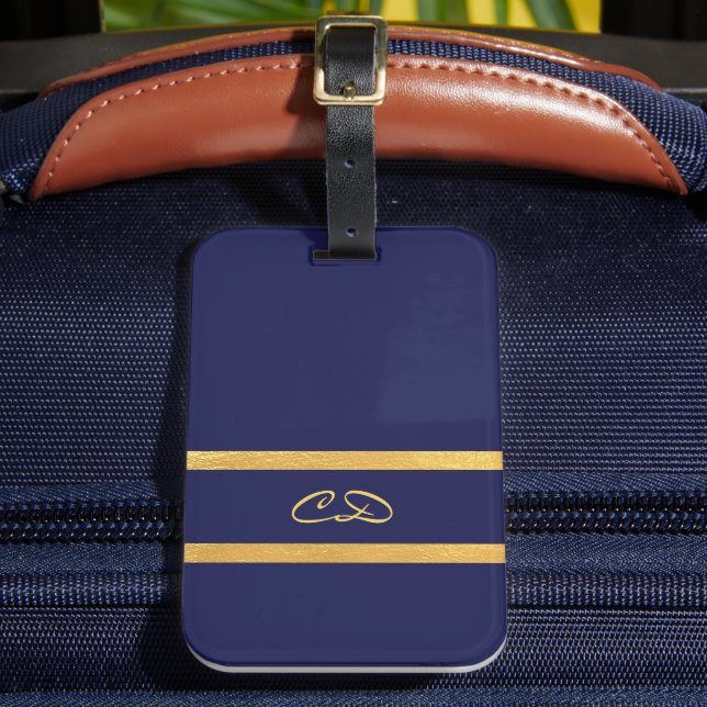 Navy blue gold monogram initials luggage tag (Front Insitu 2)
