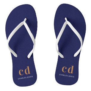 Navy blue gold monogram initials name  flip flops