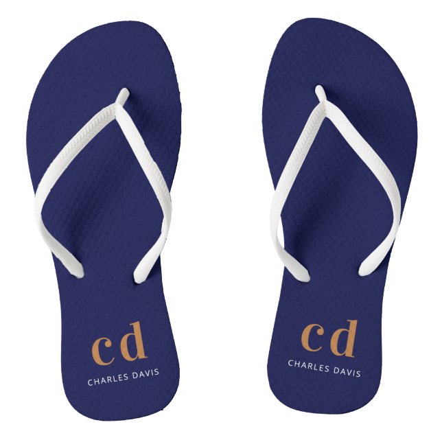 Navy blue gold monogram initials name  flip flops (Footbed)