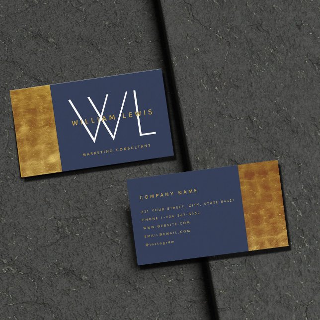 Navy Blue Gold Monogram Modern Minimalist Business Card (Creator Uploaded)