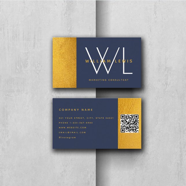 Navy Blue Gold Monogram Modern Minimalist QR Code Business Card (Creator Uploaded)