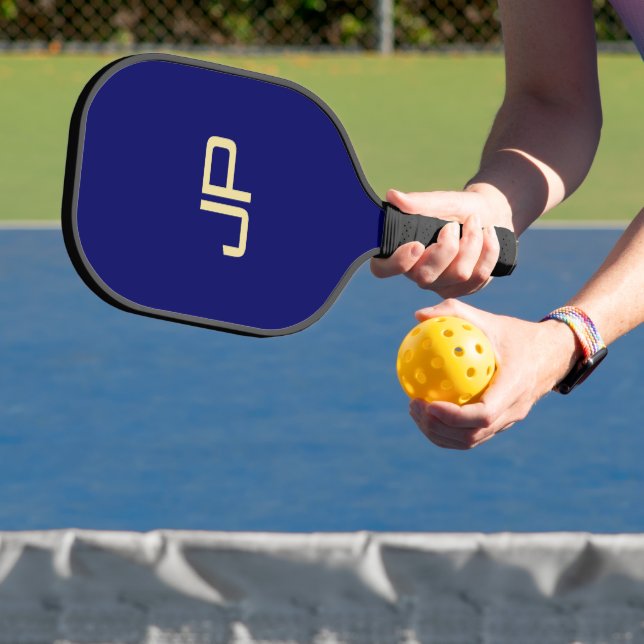 Navy Blue Gold Monogram Modern Template Elegant Pickleball Paddle (Insitu)