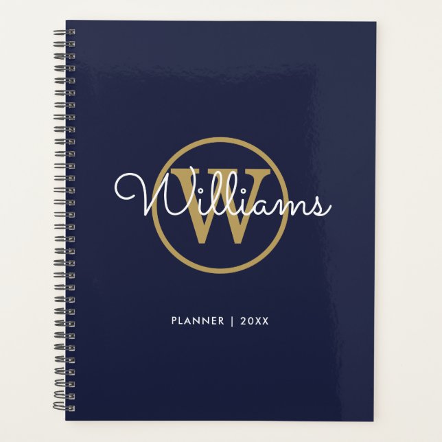 Navy Blue Gold Monogram Name 2023 Planner (Front)