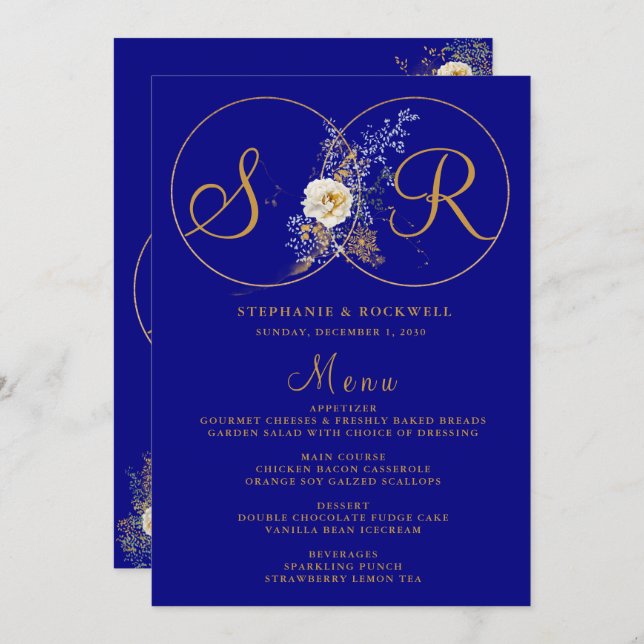 Navy Blue Gold Monogram Name Initial Wedding Menu (Front/Back)