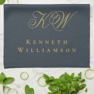Navy Blue Gold Monogram Name Minimalist Chic Men  Tea Towel