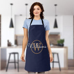 Navy Blue Gold Monogram Script Name Apron<br><div class="desc">Modern stylish navy blue and gold script name monogram apron. You can personalise the name and monogram initial to create your own unique design. Designed by Thisisnotme©</div>