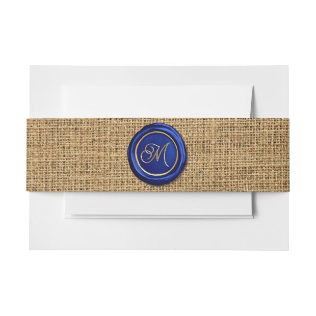   Navy Blue & Gold Monogram Wax Seal Rustic Burlap Invitation Belly Band (Front Example)