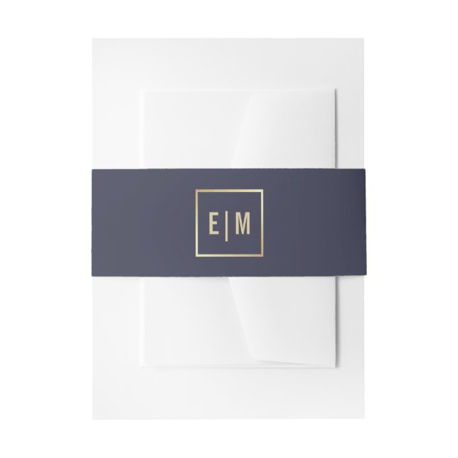 Navy Blue | Gold Monogram Wedding Invitation Belly Band (Front Example)