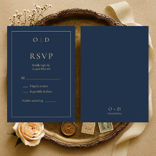 Navy Blue Gold Monogram Wedding RSVP  Card