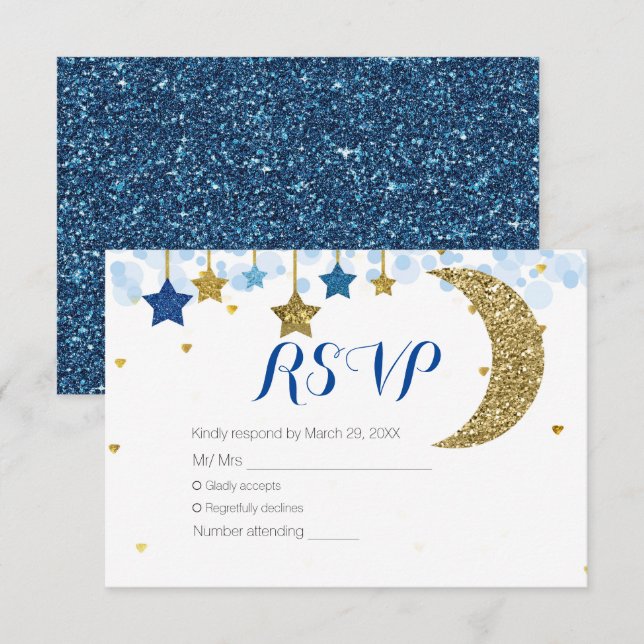 Navy Blue Gold Moon Baby Shower RSVP Card (Front/Back)
