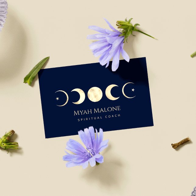 Navy Blue & Gold Moon Phase Yoga Spiritual Coach Business Card (Creator Uploaded)