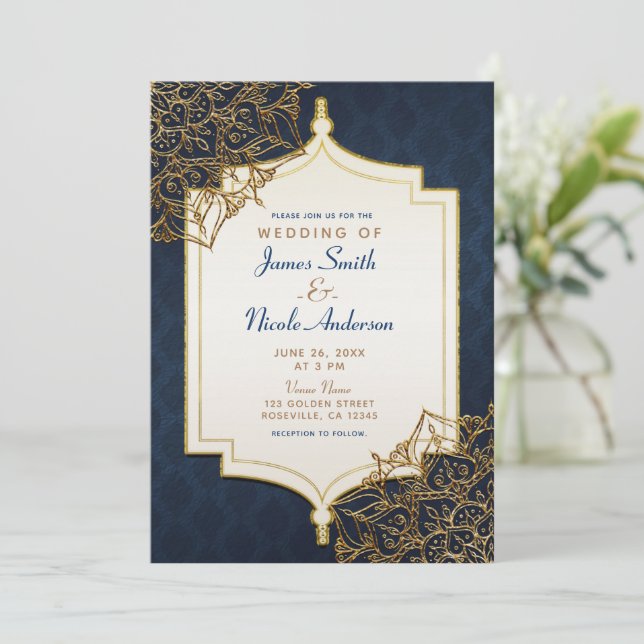 Navy Blue & Gold Moroccan Arabian Nights Wedding Invitation (Standing Front)