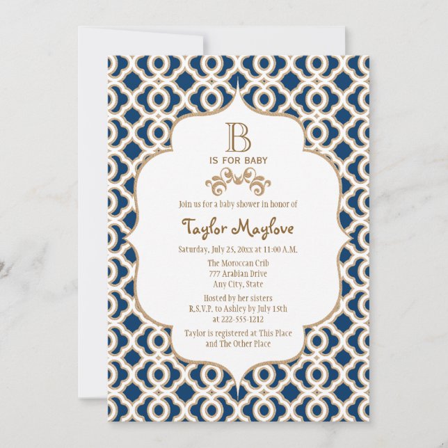 Navy Blue Gold Moroccan Gender Neutral Baby Shower Invitation (Front)