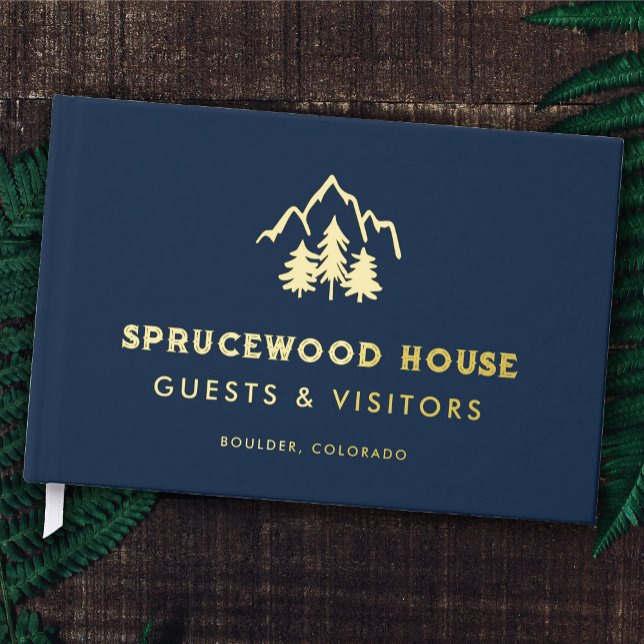 Navy Blue Gold Mountains Pines BnB Rental Cabin Guest Book (Creator Uploaded)