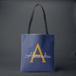Navy Blue Gold Name Girly Script Monogram Modern Tote Bag<br><div class="desc">Navy Blue and Gold Elegant Add Your Own Name Monogram Book Bag. This Book Bag can be customised to include your initial and first name and given as a gift for Christmas,  Sweet 16 Birthday,  Bridal Shower or a Wedding.</div>