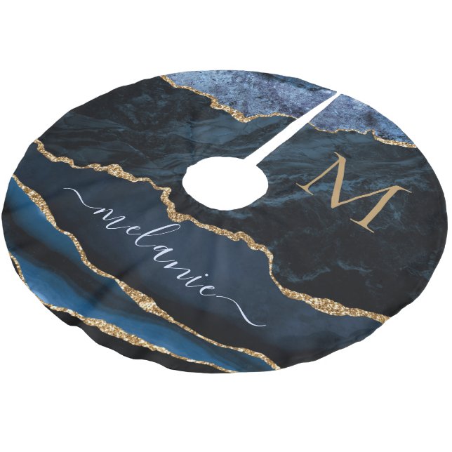 Navy Blue Gold Name Letter Christmas Tree Skirt (Angled)