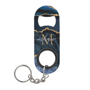 Navy Blue Gold Name Letter Keychain Bottle Opener