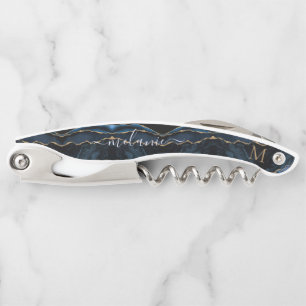 Navy Blue Gold Name Letter Waiter's Corkscrew