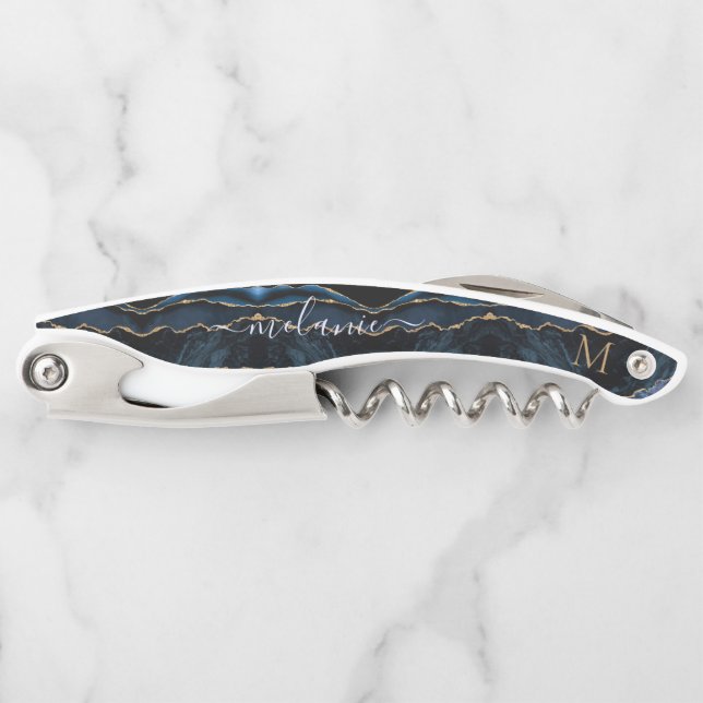 Navy Blue Gold Name Letter Waiter's Corkscrew (Front)