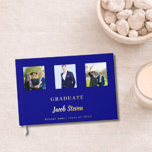 Navy blue gold name script photo Graduation Guest Book
