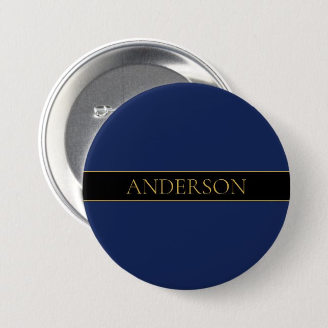 Navy Blue & Gold Name Surname or Business  7.5 Cm Round Badge (Front & Back)