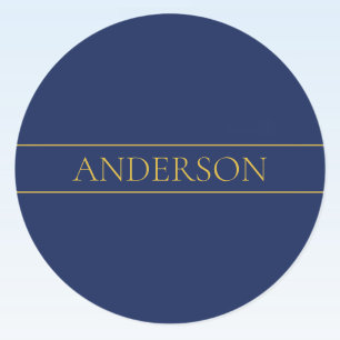 Navy Blue & Gold Name Surname or Business  Classic Round Sticker
