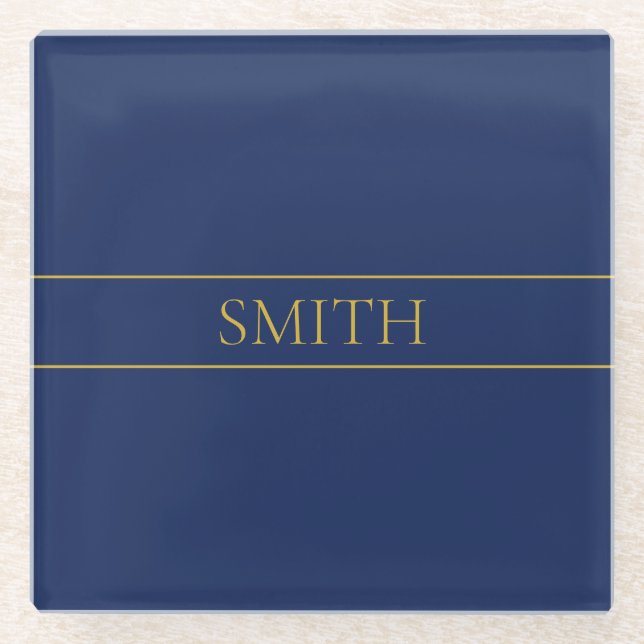 Navy Blue & Gold Name Surname or Business  Glass Coaster (Front)