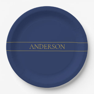 Navy Blue & Gold Name Surname or Business  Paper Plate