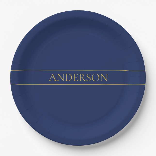 Navy Blue & Gold Name Surname or Business  Paper Plate (Front)