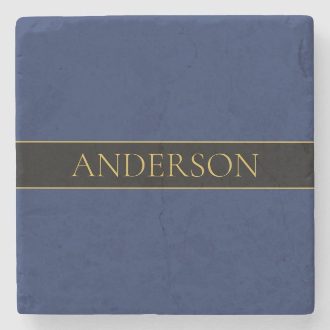 Navy Blue & Gold Name Surname or Business  Stone Coaster (Front)