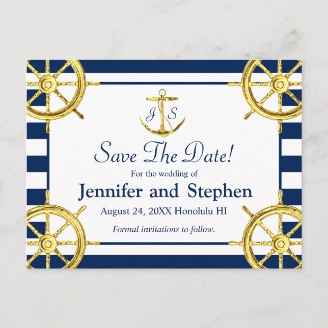 Navy Blue Gold Nautical Wedding Save the Date Announcement Postcard (Front)