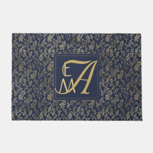 Navy Blue Gold Newly Weds Wedding Monogram Decor Doormat