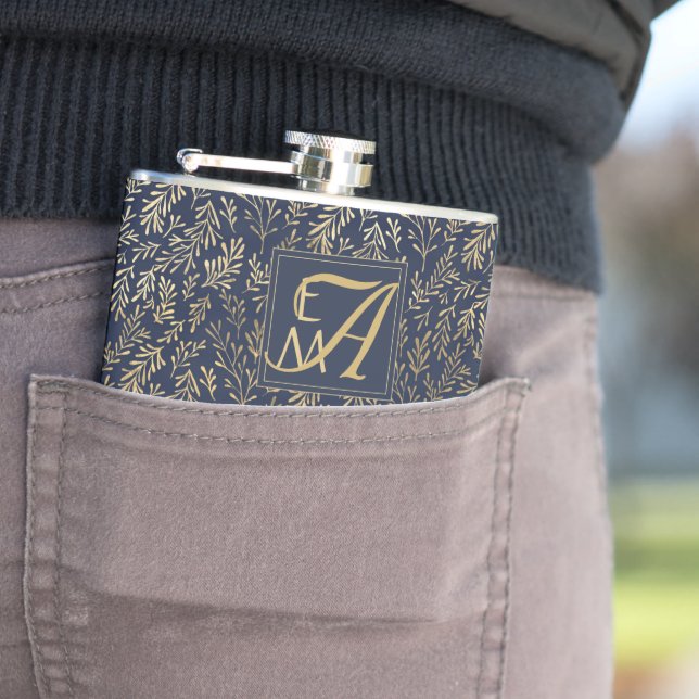 Navy Blue Gold Newly Weds Wedding Monogram Decor Hip Flask (In Situ)