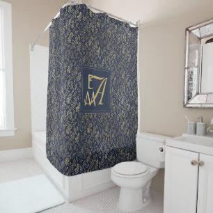 Navy Blue Gold Newly Weds Wedding Monogram Decor Shower Curtain