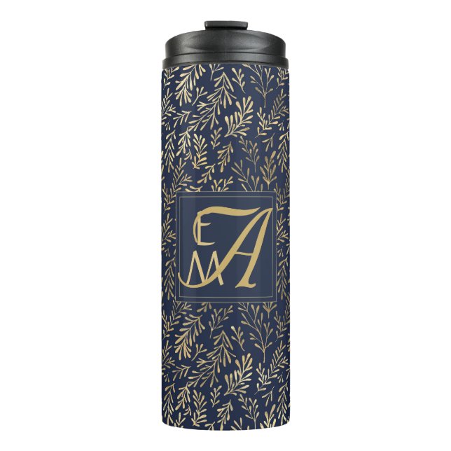Navy Blue Gold Newly Weds Wedding Monogram Decor Thermal Tumbler (Front)