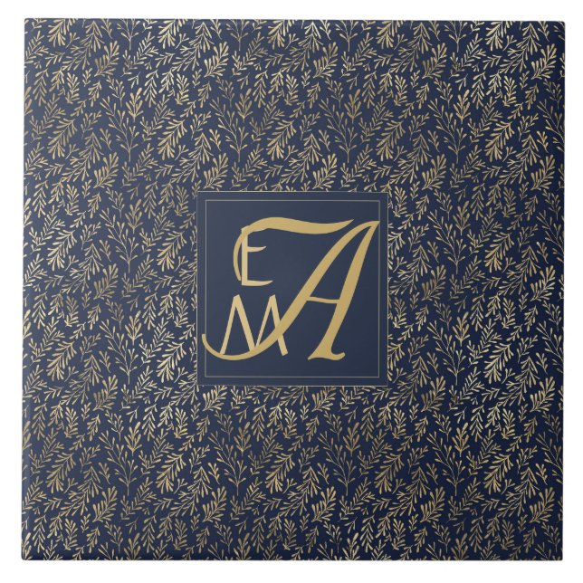 Navy Blue Gold Newly Weds Wedding Monogram Decor Tile (Front)