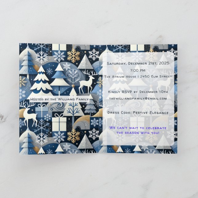 Navy Blue Gold Nordic Christmas Forest Invitation (Inside)
